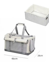 Portable breathable pet carrier bag in beige and gray mesh with reinforced straps