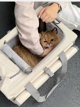 Portable breathable pet carrier bag in cream with gray straps and mesh sides