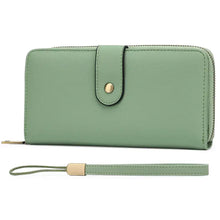 Portable Long Wallet in sleek mint green with textured surface, gold snap, zipper trim