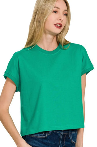Premium Cotton Relaxed Crop Tee for Women Green Short Sleeve K GREEN