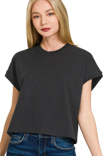 Premium Cotton Relaxed Crop Tee for Women in Black BLACK