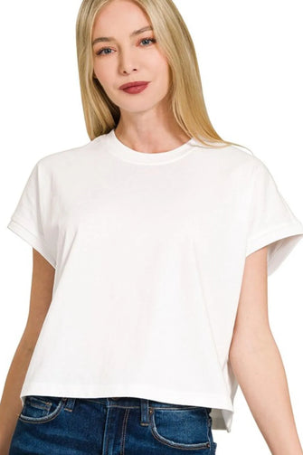 Premium Cotton Relaxed Crop Tee for Women WHITE