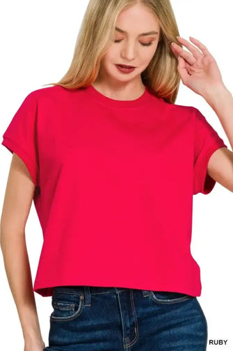 Premium Cotton Relaxed Crop Tee in Ruby Red for Women RUBY Woman T Shirts