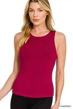 A fitted sleeveless cabernet red premium rayon double layered round neck tank top with smooth fabric