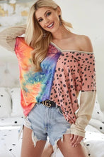 Print Block V Neck Top with Contrast Stitching for Women