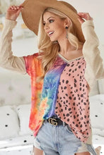 Print Block V Neck Top with Contrast Stitching for Women Woman T Shirts