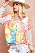 Print Block V Neck Top with Contrast Stitching for Women Woman T Shirts