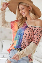 Print Block V Neck Top with Contrast Stitching for Women