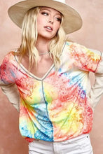 Print Block V Neck Top with Contrast Stitching for Women Woman T Shirts