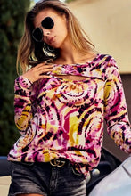 Print Tie Dye Rib Knit Top with Cut Out Neck for Women