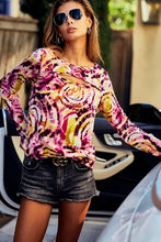 Print Tie Dye Rib Knit Top with Cut Out Neck for Women
