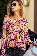 Print Tie Dye Rib Knit Top with Cut Out Neck for Women Woman T Shirts