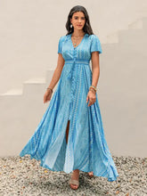 Printed Button Down Short Sleeve Maxi Dress Sky Blue Woman Maxi Dress