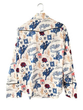 Printed button up long sleeve shirt in cream featuring vibrant blue red and tan western rodeo pattern with cacti and horseshoes