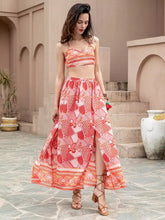 Printed crop top and slit skirt set with vibrant coral white geometric maxi skirt