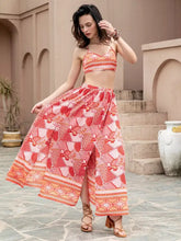 Printed Crop Top and Slit Skirt Set in vibrant red white geometric patterns
