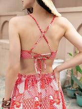 Back view of red and white Printed Crop Top crisscross halter straps