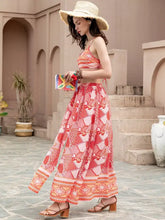 Printed crop top and slit skirt set with coral geometric pattern
