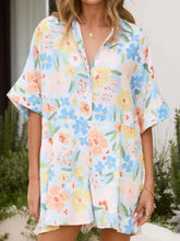Printed half sleeve tie waist romper in light blue floral print