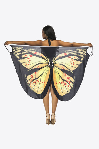 Printed Halter-Neck Wrap Dress with Butterfly Wing Shawl Cover-Up Yellow One Size