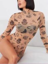 Sheer tan printed mock neck long sleeve bodysuit with black ink mystical symbol print