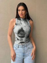 Gray and black tie-dye printed mock neck ruched tank with sleeveless high-neck design and form-fitting silhouette