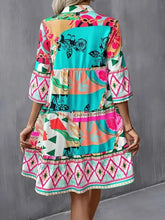Printed Notched 3/4 Sleeve Tiered Dress Woman Casual Dress