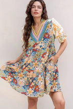 Printed Notched Flounce Sleeve Mini Dress Casual Dresses