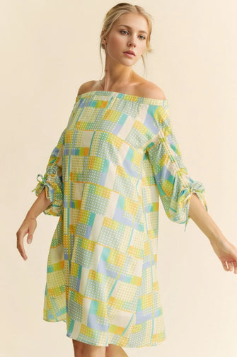 Printed Off Shoulder Drawstring Sleeve Mini Dress LT.BLUE CREAM