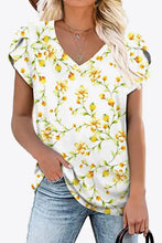 White Printed Petal Sleeve V-Neck Blouse with Yellow Floral Print