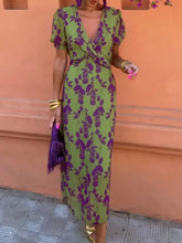 Green and purple printed plunge short sleeve midi dress