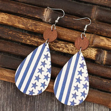 Printed PU leather dangle earrings with blue and white stripes and stars