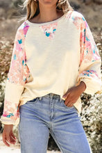 Printed round neck balloon sleeve sweatshirt in cream with floral sleeves