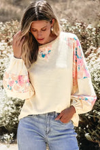 Printed round neck balloon sleeve sweatshirt with floral geometric panels