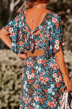 Tied Printed Round Neck Half Sleeve Dress with floral print and tie-back