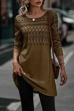 Printed round neck long sleeve olive green tunic with brown yoke