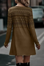 Printed round neck long sleeve A-line dress in brown tan fair isle