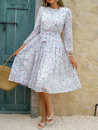 Printed Round Neck Long Sleeve Midi Dress White Woman Dress