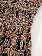 Printed smocked bodice maxi dress with brown floral leaf print