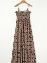 Printed smocked bodice maxi dress with brown floral print