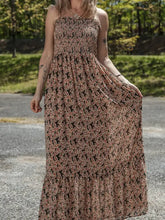 Printed smocked bodice maxi dress with black and red leaf pattern