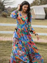 Printed smocked tie balloon sleeve maxi dress with multicolored floral print