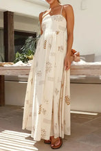 Printed square neck maxi cami dress in off-white with brown abstract patterns