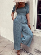 Printed square neck floral print puff sleeve jumpsuit in teal and white