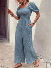 Printed square neck puff sleeve jumpsuit in teal with floral print
