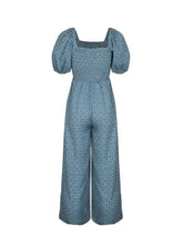 Teal-blue floral print square neck puff sleeve jumpsuit