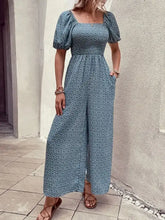 Teal floral print square neck puff sleeve jumpsuit