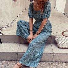 Teal and white printed square neck floral print puff sleeve jumpsuit