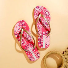 Pink printed summer toe post slippers with gold strap and mandala pattern