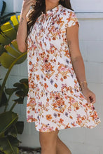 Printed Tie Neck Cap Sleeve Mini Dress Casual Dresses